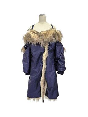 Prada Re-Nylon Triangle Pouch Off Shoulder Faux Fur Coat Navy 36